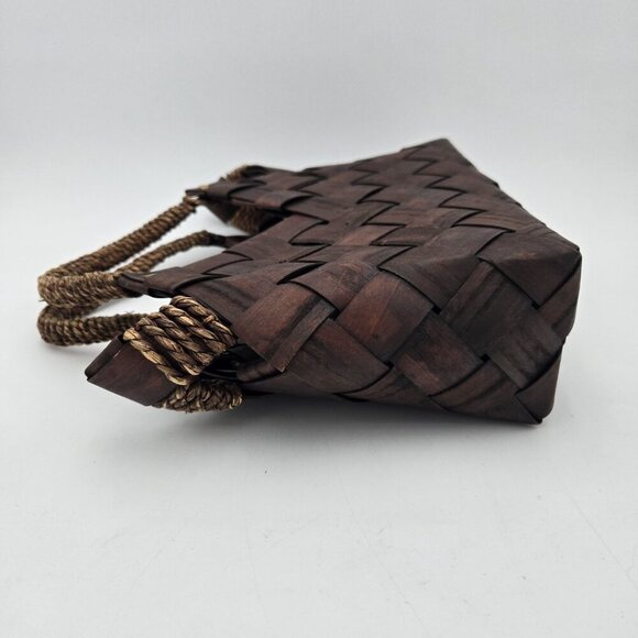 Dark Brown Wood Basket Weave Handbag Womens Medium Handles Coastal Cottagecore - Picture 3 of 14